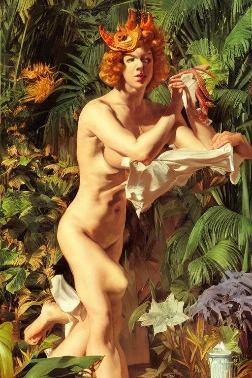 Image similar to Satan, in a garden, tropical pool, golden hour, artstation, by J. C. Leyendecker and Peter Paul Rubens, - 12p