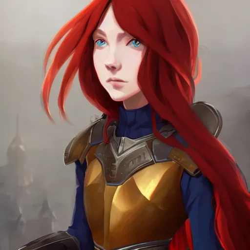 Image similar to portrait of a young redheaded woman with blue eyes and wearing a armor, medieval background, highly detailed, digital painting, artstation, matte, by makoto shinkai, animation style, studio ghibli, anime key visual