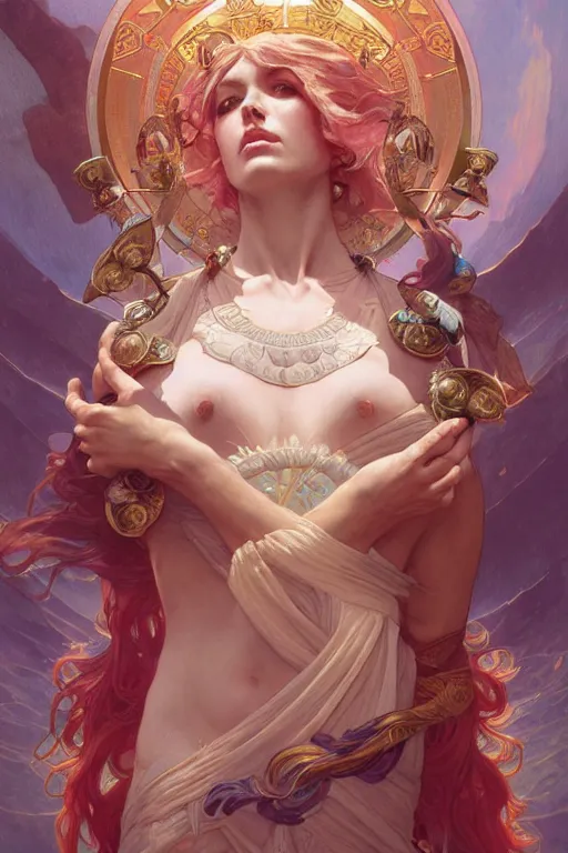 Image similar to goddess of all things good and awesome, only two hands, highly detailed, digital painting, artstation, concept art, smooth, sharp focus, illustration, unreal engine 5, 8 k, art by artgerm and greg rutkowski and edgar maxence and alphonse mucha