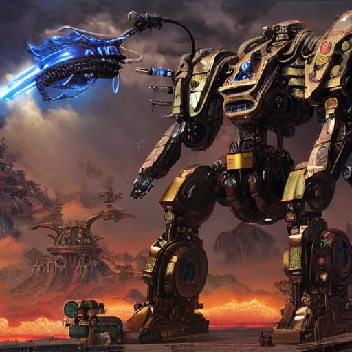 Image similar to pacific rim robots, full body image, steam punk, 70's sci-fi, extremely detailed digital painting, in the style of Fenghua Zhong and Ruan Jia and Jermy lipking and peter mohrbacher, mystic colors, highly detailed, deep aesthetic, 8k, highly ornate intricate details, cinematic lighting, rich colors, digital artwork, ray tracing, hyperrealistic, photorealistic, cinematic landscape, trending on artstation,