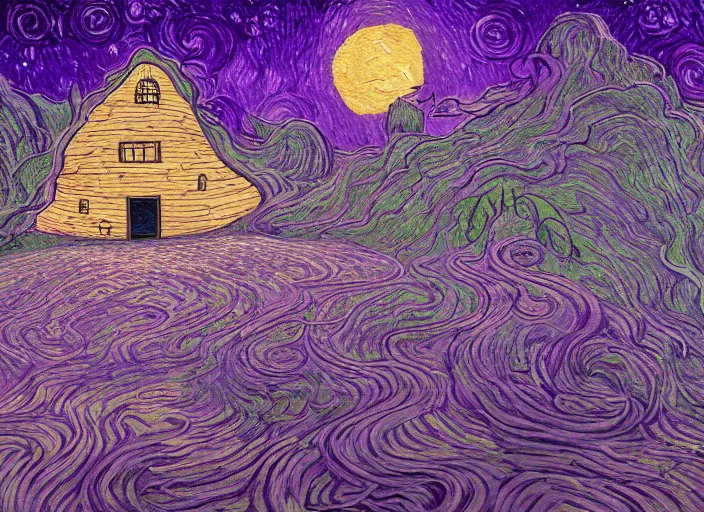 Prompt: detailed painting of a mysterious house inside a giant purple mushroom, mystical dark purple landscape at night, dark purple sky, blue bioluminescent life, in the style of moebius and studio ghibli and vincent van gogh and claude monet