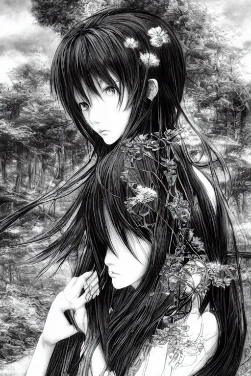 Image similar to a vertical portrait of a character in a scenic environment by Yoshitaka Amano, black and white, dreamy, (cybernetic), wavy long black hair, highly detailed