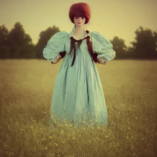 Prompt: 8 k, octane render, realism, tonalism, renaissance, rococo, baroque, cotton candy, portrait of a creepy young lady wearing long 1 9 7 0 s babydoll dress standing in a field of grass, flowers