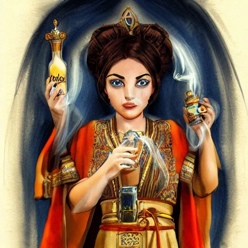 Image similar to a beautiful priestess holding an ornate bottle pouring smoke, concept art