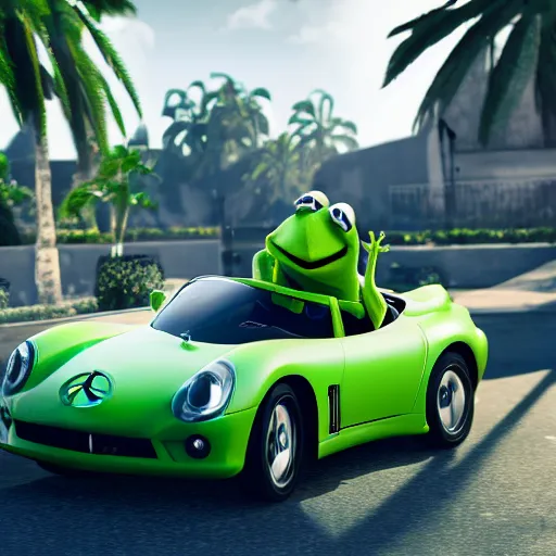 Image similar to kermit driving a mercedes, wlop, palm trees, cinematic lighting, hyperdetailed, 8 k realistic, symmetrical, global illumination, radiant light,, frostbite 3 engine, cryengine, dof, trending on artstation, digital art, chanel