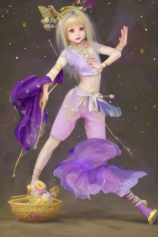 Image similar to Full View fairy maiden with short blond hair wearing an oversized purple Beret, Baggy Purple overall shorts, Short Puffy pants made of silk, silk shoes, a big billowy scarf, Golden Ribbon, and white leggings Covered in stars. covered in embroidery. Short Hair. peasant magic. Rhythmic gymnastics poses. masterpiece 4k digital illustration by Ruan Jia and Mandy Jurgens and Artgerm and william-adolphe bouguereau and greg rutkowski , award winning, Artstation, art nouveau aesthetic, Alphonse Mucha background, intricate details, realistic, panoramic view, Hyperdetailed, 8k resolution, intricate art nouveau