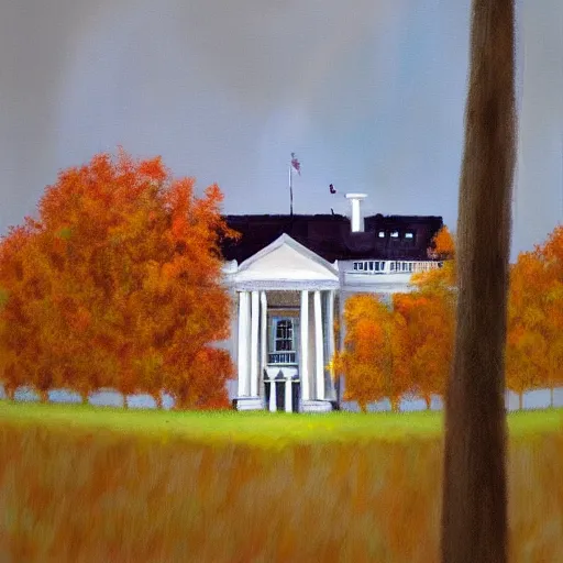 Image similar to crisp painting of a white house in an autumn forest