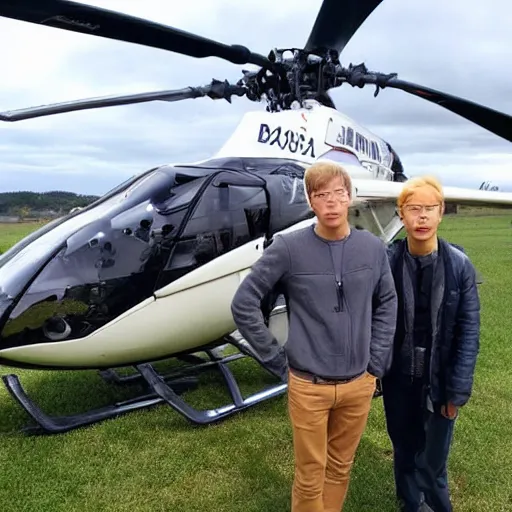 Image similar to blonde swedish guy and tall korean guy in front or robinson r 4 4 helicopter