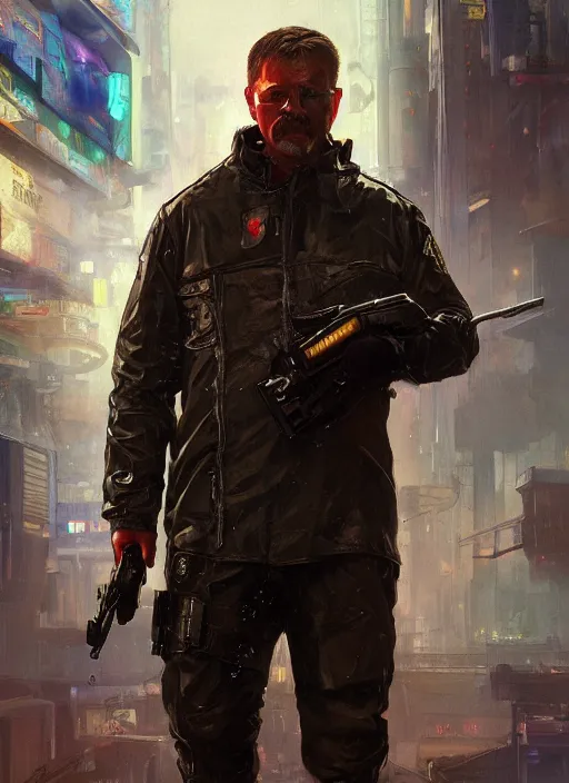 Image similar to Modern Teddy Roosevelt. Cyberpunk cop in tactical gear. plastic raincoat. blade runner 2049 concept painting. Epic painting by James Gurney, Azamat Khairov, and Alphonso Mucha. ArtstationHQ. painting with Vivid color. (rb6s, Cyberpunk 2077)