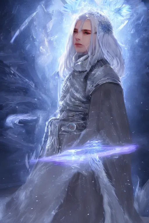 Image similar to an ice mage wearing a cloak surrounded by ice crystals, mixed media, digital art, trending on artstation, 8k, epic composition, highly detailed, AAA graphics