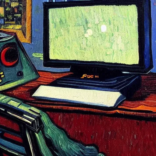 Image similar to oil painting of a gamer computer gamer pc, oil in canvas, painted by van gogh