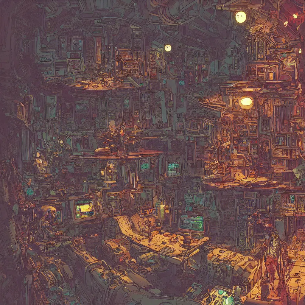 Prompt: Stunningly intricate illustration of a cyberpunk explorer playing video games in his treehouse, highly detailed, midnight, by Laurie Greasley,James Gilleard and Moebius,