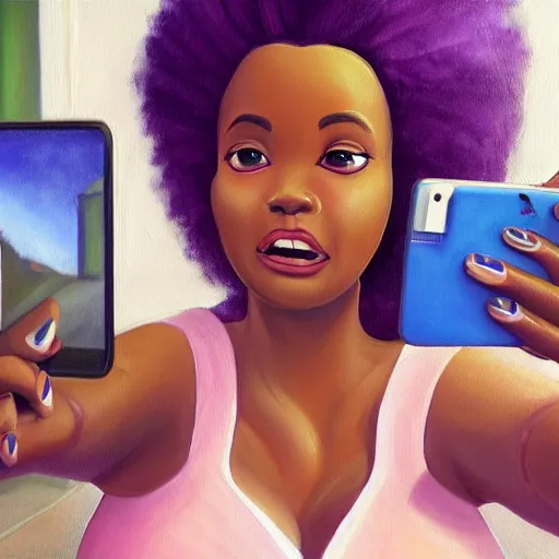 Image similar to stunning, coherent, beautiful painting, still of black bbw woman in wal-mart taking a selfie, a man is following her, 3d, in the style of pixar, comic book style, 3d, highly detailed, highly detailed, sharp focus, bokeh, depth of field, 16k resolution, Unreal Engine 5, coherent, cinematic lighting, photorealistic, by Zhang Jingna