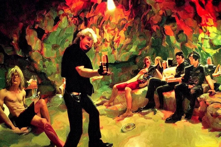 Prompt: cinematic scene, glam rockers drinking brutal and raw wine, inside a green cave with red lights by roger deakins, joaquin sorolla, phil hale, extremely detailed