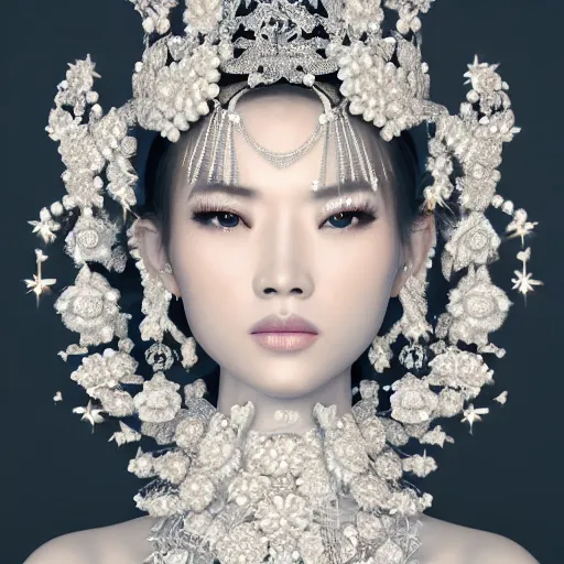 Prompt: portrait of wonderful asian princess of white diamonds with fair skin, white flowers, ornate with white diamonds, 8 k, gorgeous, intricate, detailed, glowing white accent lighting, dramatic lighting, octane render