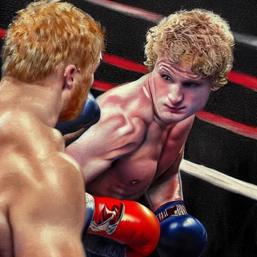 Image similar to brock lesnar in a boxing match with logan paul, artstation hall of fame gallery, editors choice, #1 digital painting of all time, most beautiful image ever created, emotionally evocative, greatest art ever made, lifetime achievement magnum opus masterpiece, the most amazing breathtaking image with the deepest message ever painted, a thing of beauty beyond imagination or words, 4k, highly detailed, cinematic lighting