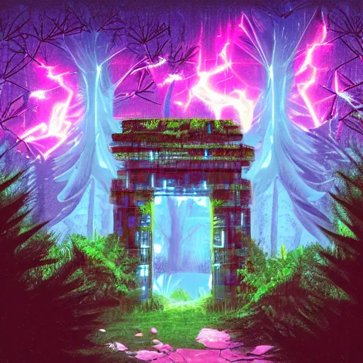 Prompt: a ancient portal to another dimension in the forest, retrowave art, vaporwave, trending on art station