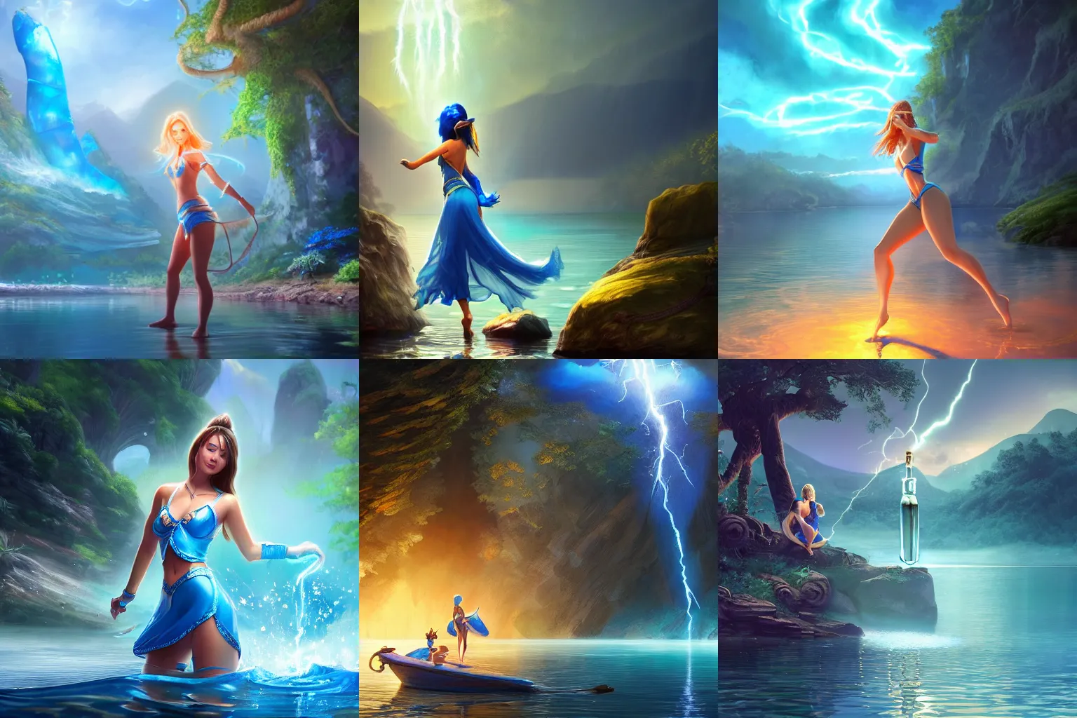 Prompt: A blue genie in a bottle, summer lake setting, cinematic lightning, medium shot, mid-shot, highly detailed, trending on Artstation, Unreal Engine 4k, cinematic wallpaper by Stanley Artgerm Lau, WLOP, Rossdraws, and Sakimichan