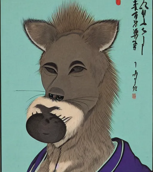 Image similar to ukiyo-e ukiyoe portrait of furry anthro anthropomorphic spotted hyena head animal person fursona wearing clothes sitting in a living room