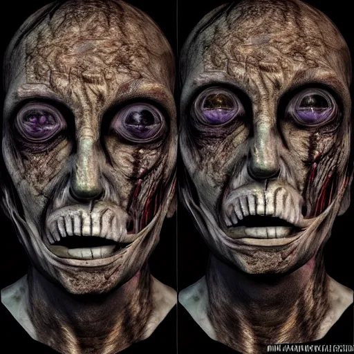 Prompt: creepy scary face with deteriorated skin and wide open eyes, burnt, dark, horror face, scary, dark, photorealistic, surreal, cosmic horror, 8 k, extreme details, detailed face