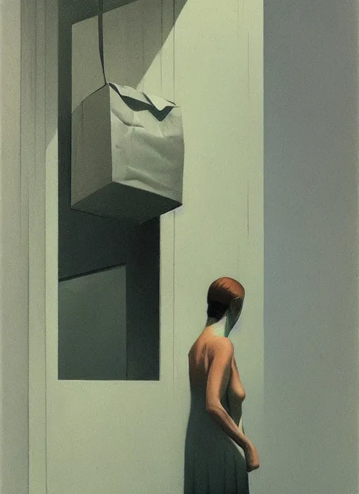 Image similar to woman in paper bag over the head flooded oxygen tank Edward Hopper and James Gilleard, Zdzislaw Beksinski, highly detailed