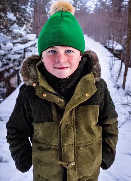 Image similar to portrait photo still of real life young stan marsh wearing a green trapper hat, 8 k, 8 5 mm, f. 1 4