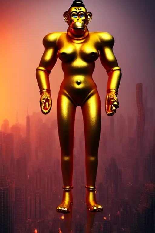 Image similar to high quality 3 d render cyborg gold hanuman! with nose piercings, cyberpunk highly detailed, mumbai in the background, unreal engine cinematic smooth, in the style of blade runner & solaris, hannah yata charlie immer, moody light, low angle, uhd 8 k, sharp focus