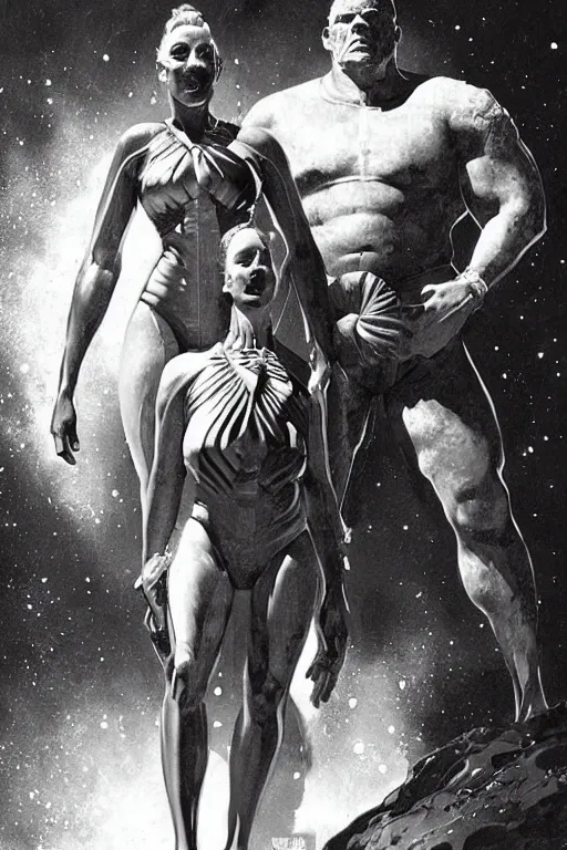 Image similar to full body portrait of gigantic martyn ford as mayan god standing beside elegant space woman in latex spacesuit, by norman rockwell, jack kirby, jon berkey, earle bergey, craig mullins, ruan jia, jeremy mann, tom lovell, marvel, astounding stories, 5 0 s pulp illustration, scifi, fantasy, artstation creature concept