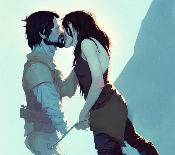 Image similar to portrait of aragorn kissing arven by atey ghailan, by greg rutkowski, by greg tocchini, by james gilleard, by joe fenton, by kaethe butcher, dynamic lighting, gradient light blue, brown, blonde cream and white color scheme, grunge aesthetic