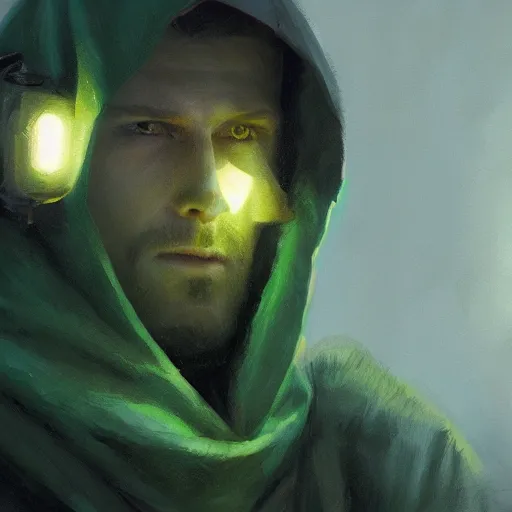 Image similar to portrait of a chad programmer with green hood by greg rutkowski, close up, dramatic lighting