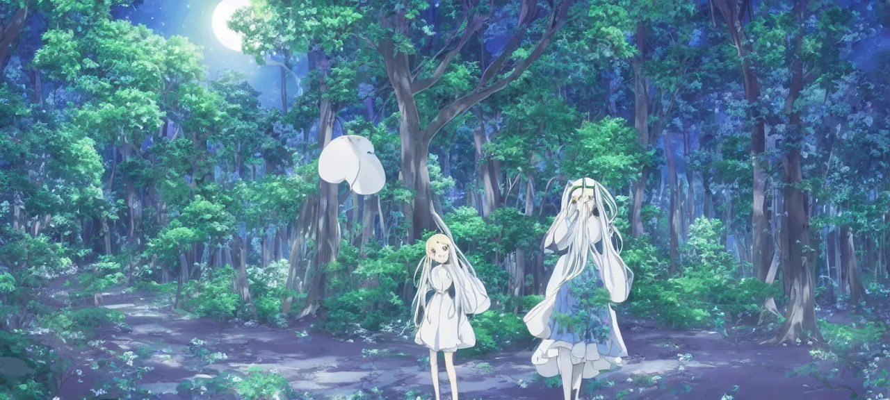 Image similar to illyasviel walking through enchanted ghibli clover | Big Moon at Blue Night | Trees with white flowers | bioluminescent blue FLOWERS | strong blue rimlit | visual-key | anime illustration | highly detailed High resolution | Light Novel | Visual Novel | In the style of Miyama-Zero, Yuuki Hagure