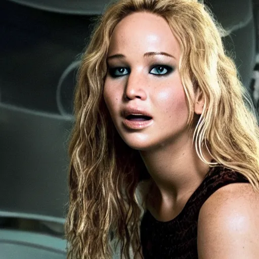 Prompt: promo shot of Jennifer Lawrence in a remake of 5th Element (2029)