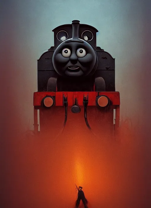 Image similar to thomas the tank engine in style of zdzisław beksinski, extremely dramatic lighting, 8 k, tendrils, black, darkness, black slime tendrils, infected, rust, body horror, thomas the train, thomas the tank engine face, horror,