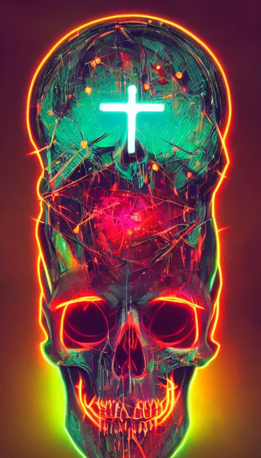 Prompt: a colorful skull with a cross on it's forehead, cyberpunk art by stanley twardowicz, cgsociety, computer art, neon, wallpaper, glowing neon