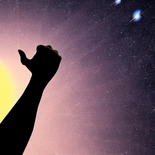 Prompt: 4K ultra HD detailed award-winning wallpaper of silhouette of man reaching his hand towards huge vast sky Earth universe