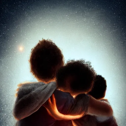 Image similar to A family hugging each other for the last time as the world is ending, meteors are falling from the sky, everything is on fire, dramatic lighting, digital art, very very very very very very beautiful, 8K, dark lighting, trending on Artstation, award winning