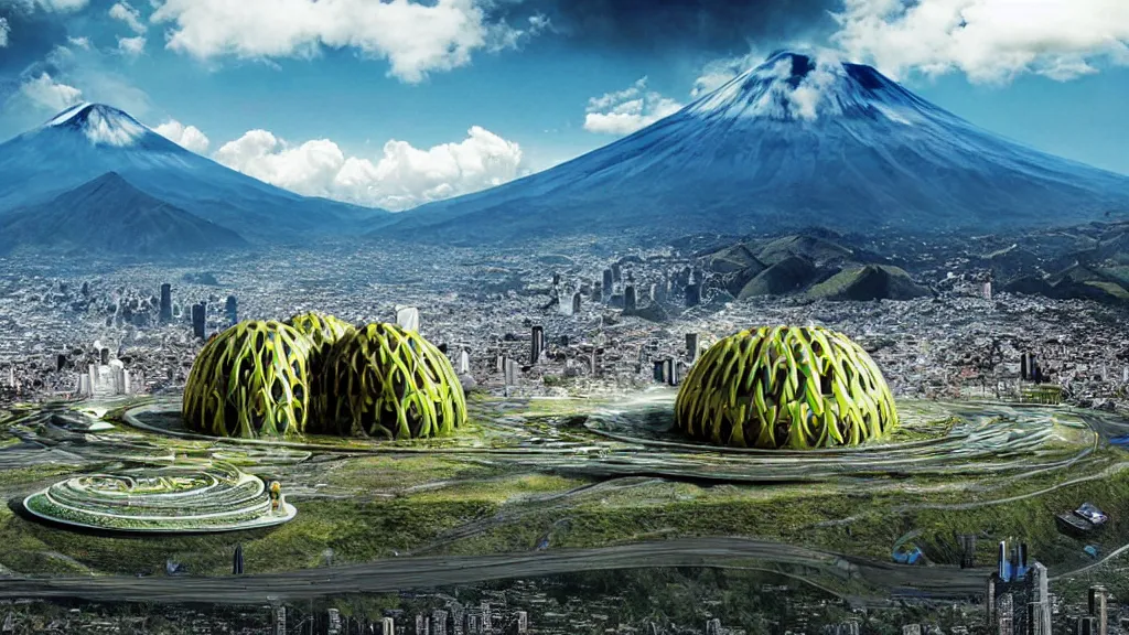 Image similar to Nuclear; Mountain, Nature, City; Harmony; Quito, Ecuador; by Oswaldo Moncayo and Vincent Callebaut; Art Direction by James Cameron;