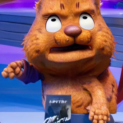 Prompt: Chris Pratt as live action Garfield, hyper-realistic, CGI, highly detailed