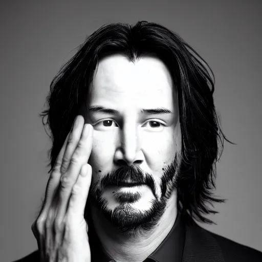 Prompt: a masterpiece portrait photo of an older keanu reeves who looks like a manic pixie dream girl mary elizabeth winstead symmetrical face