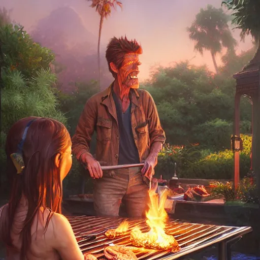 Prompt: highly detailed portrait of willem dafoe grilling hamburgers poolside, stephen bliss, unreal engine, fantasy art by greg rutkowski, loish, rhads, ferdinand knab, makoto shinkai and lois van baarle, artgerm, pixar, ilya kuvshinov, rossdraws, tom bagshaw, global illumination, radiant light, detailed and intricate environment