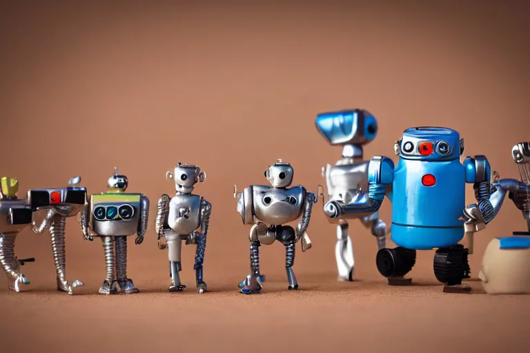 Prompt: miniature figurines of 1 9 5 0 s robot toys, tilt shift, product photography