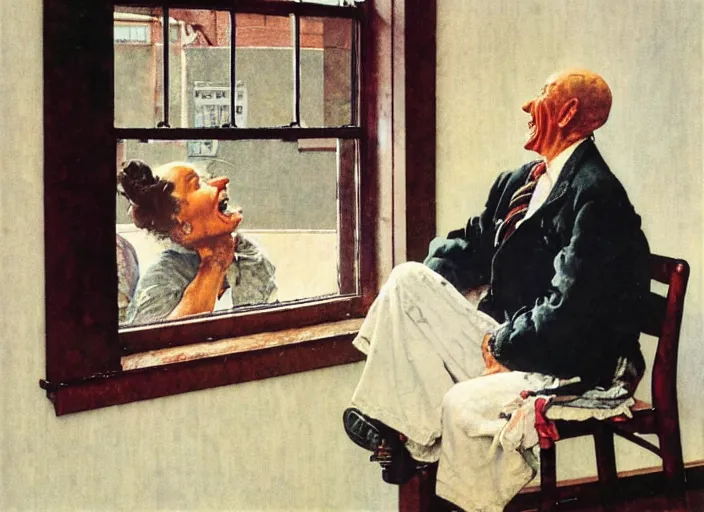 Image similar to a laughing man sitting by the window, a slim woman in the background, norman rockwell