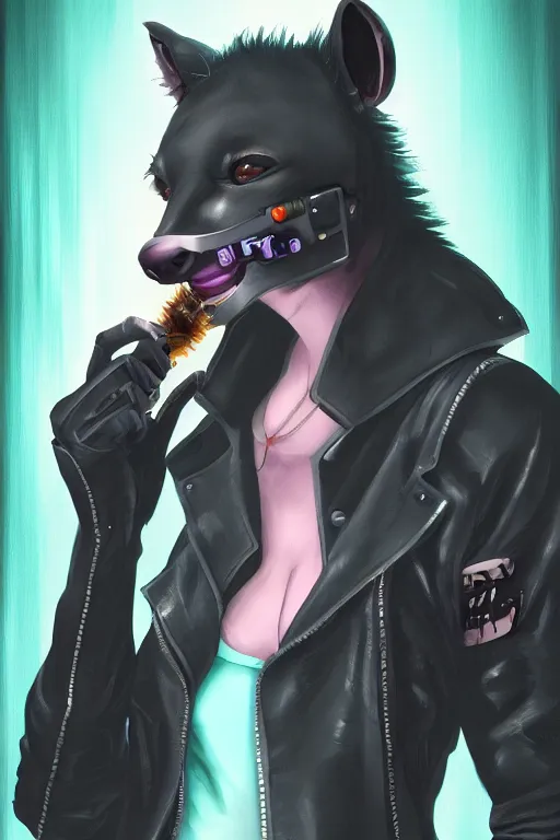 Prompt: digital painting of anthromorphic hyena female smoking cigarrete in cyberpunk style, fursona, furry fandom, neon rainy cyberpunk setting, anthro, wearing cyberpunk leather jacket, detailed face,