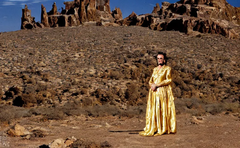 Image similar to portrait of salvador dali wearing a crown and golden dress with jewels in a dry rocky desert landscape, visible sky and sunny atmosphere, alien ruins by giger in the background, film still from the movie by alejandro jodorowsky with cinematogrophy of christopher doyle and art direction by hans giger, anamorphic lens, kodakchrome, very detailed photo, 8 k