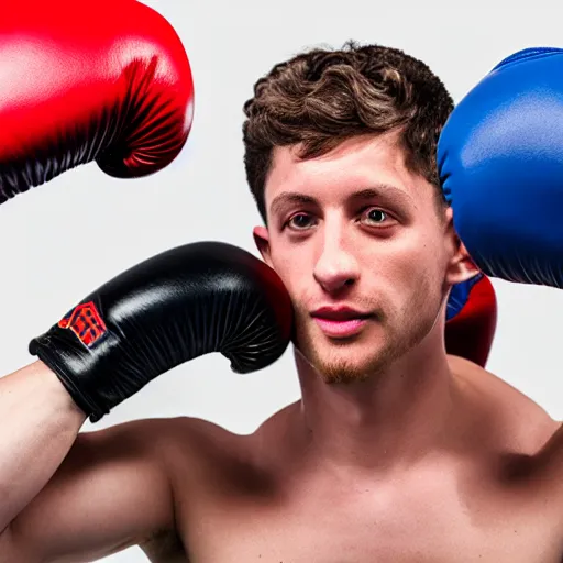 Image similar to realistic 8 k dslr image of charlie zelenoff with boxing gloves in the ring