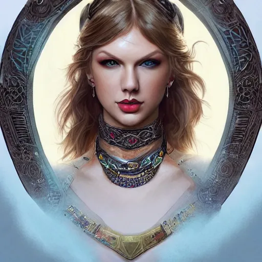 Image similar to portrait of taylor swift as a warrior woman, looking at camera, d & d, choker on neck, stylish armor, intricate, elegant, stylish, fierce look, fantasy, extremely detailed, digital painting, artstation, concept art, smooth, sharp focus, illustration, stunning lighting, art by artgerm and greg rutkowski and alphonse mucha and simon stalenhag.