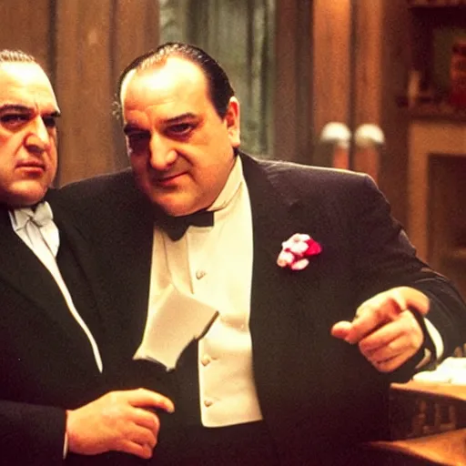 Prompt: a selfie photo of tony soprano and vito corleone, 8 k