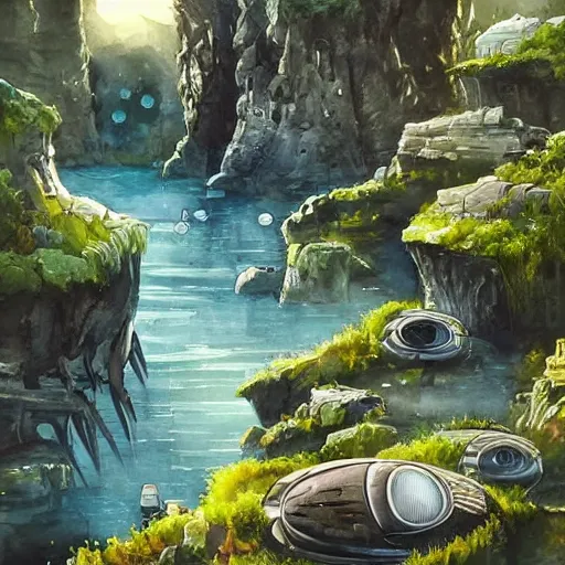 Image similar to beautiful happy picturesque charming sci - fi organic pod - like homes of the future in a beautiful natural scene. water, trees and rocks. beautiful light. soft colour scheme. beautiful artistic detailed watercolor by lurid. ( 2 0 2 2 )