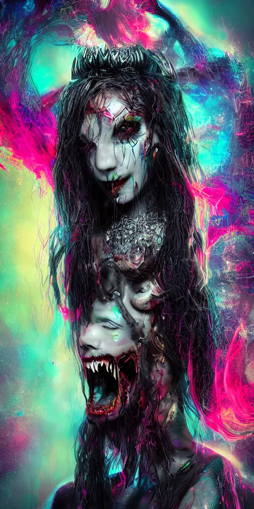 Image similar to impossibly beautiful vampire with large vampire fangs, full body, intricate complexity, horror, psychedelic glitch art, rainbow drip paint, trending on art station, photoreal, 8k, octane render