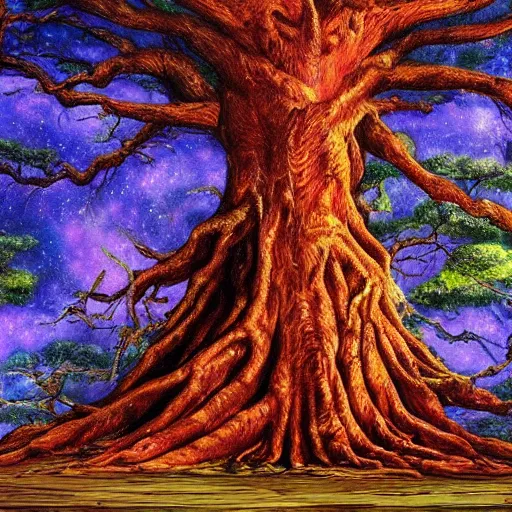 Image similar to A 100 year old ancient huge glowing tree, fantasy painting, lots of detail